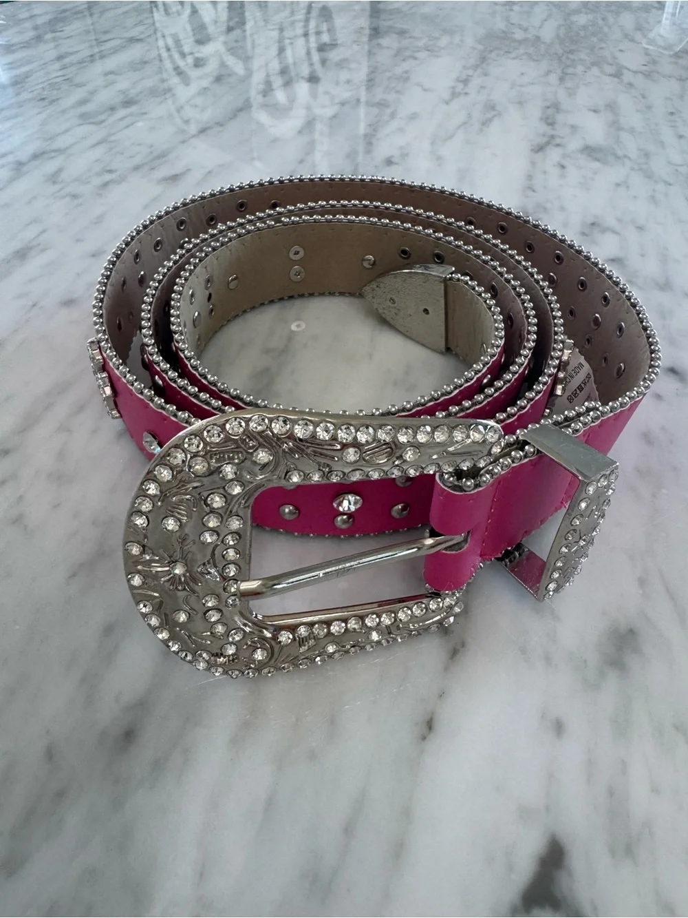 Studded Hot Pink Western Belt with Rhinestone Buckle. 61”